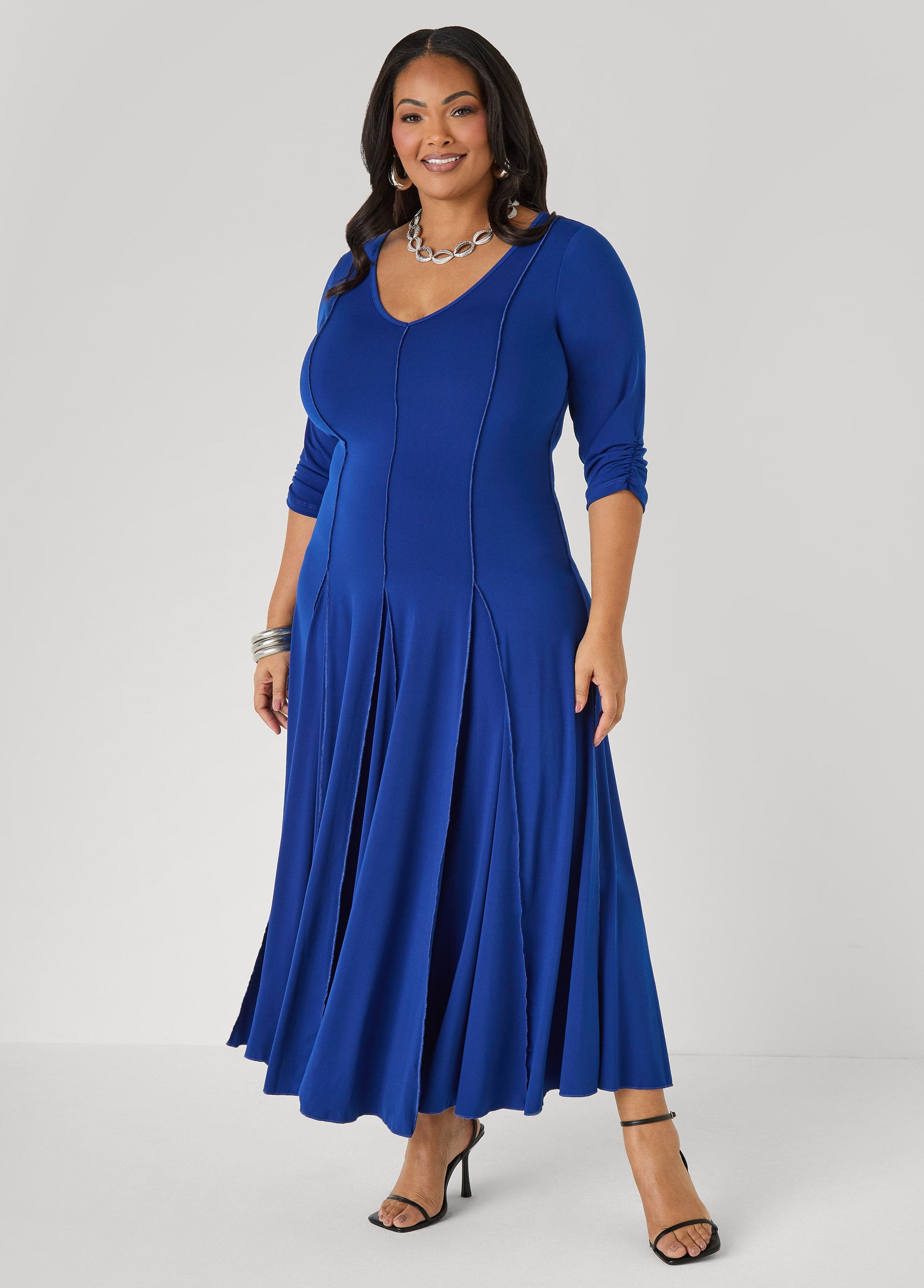 Ashley Stewart Ruched Sleeve Seamed Maxi Dress Black