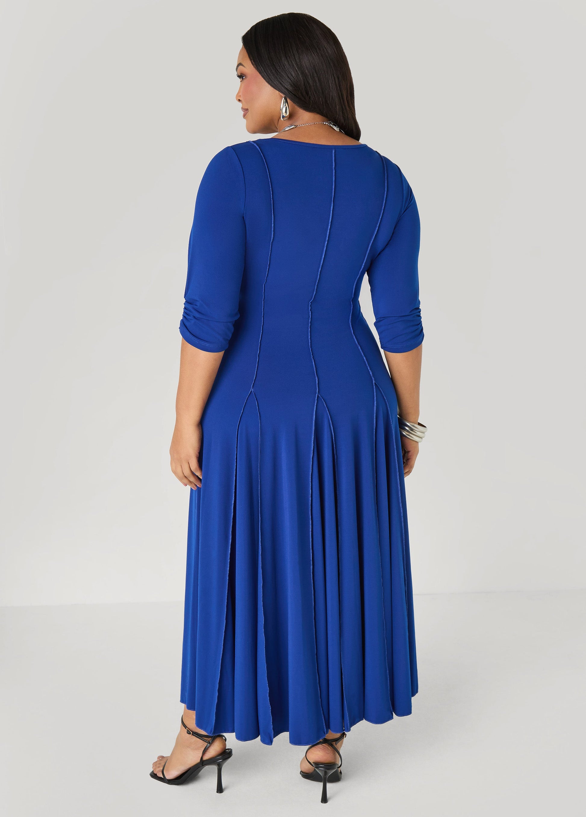 Ashley Stewart Ruched Sleeve Seamed Maxi Dress Black