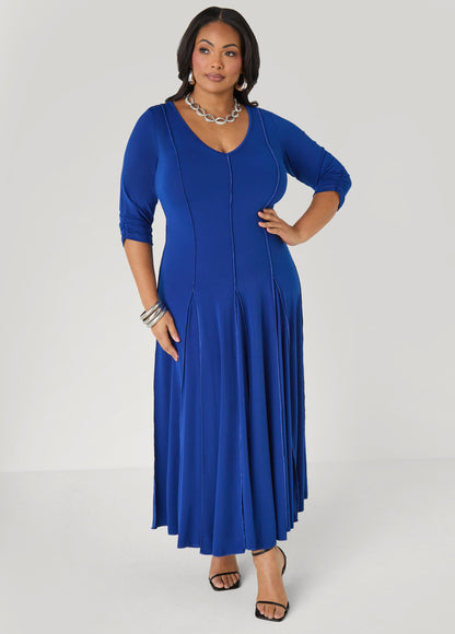 Ashley Stewart Ruched Sleeve Seamed Maxi Dress Black