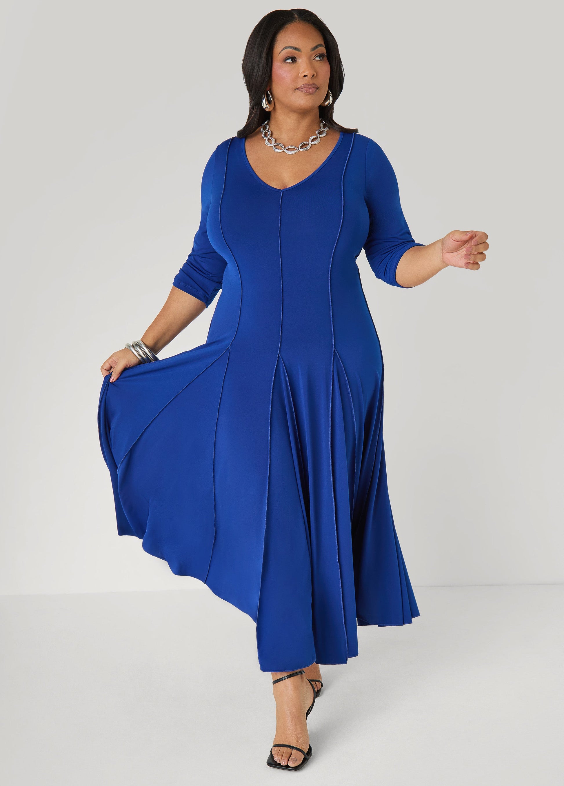 Ashley Stewart Ruched Sleeve Seamed Maxi Dress Black