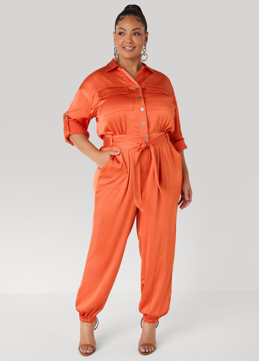 Ashley Stewart Hammered Satin Joggers Jumpsuit Copper
