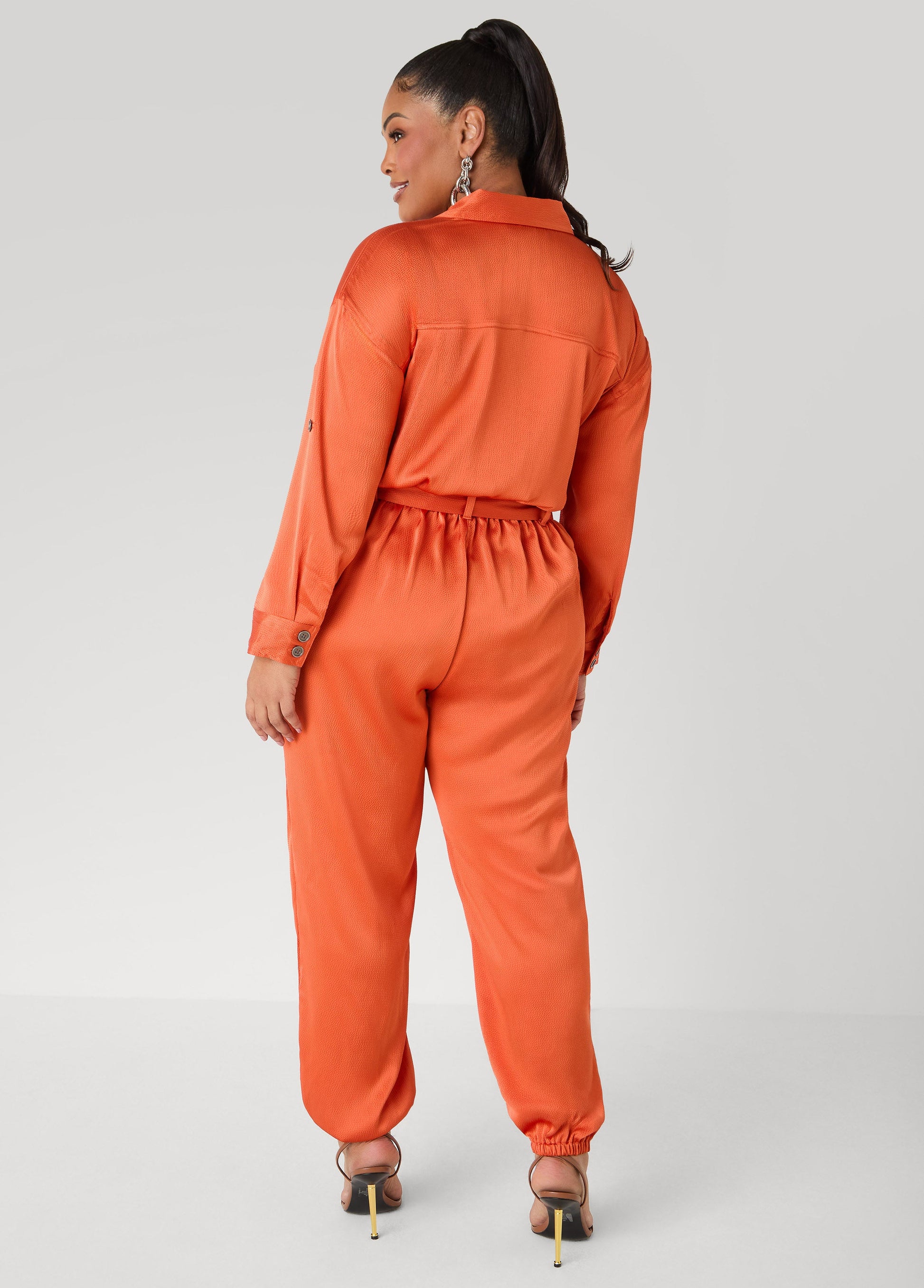 Ashley Stewart Hammered Satin Joggers Jumpsuit Copper