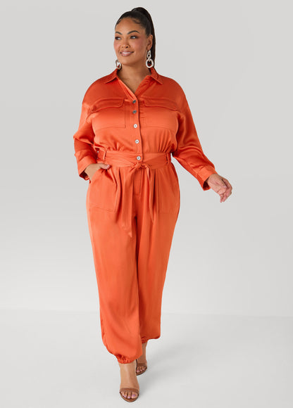 Ashley Stewart Hammered Satin Joggers Jumpsuit Copper