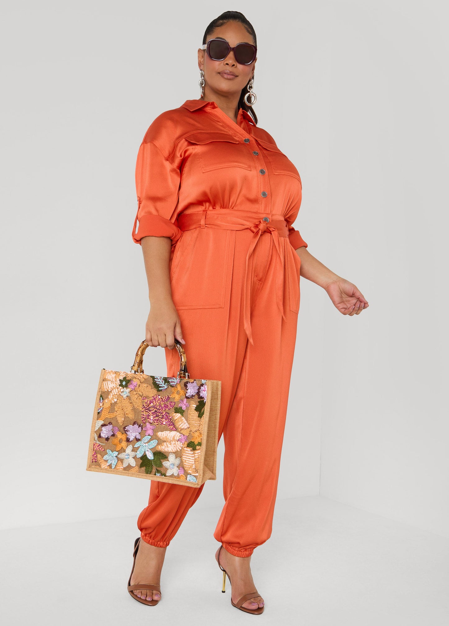 Ashley Stewart Hammered Satin Joggers Jumpsuit Copper