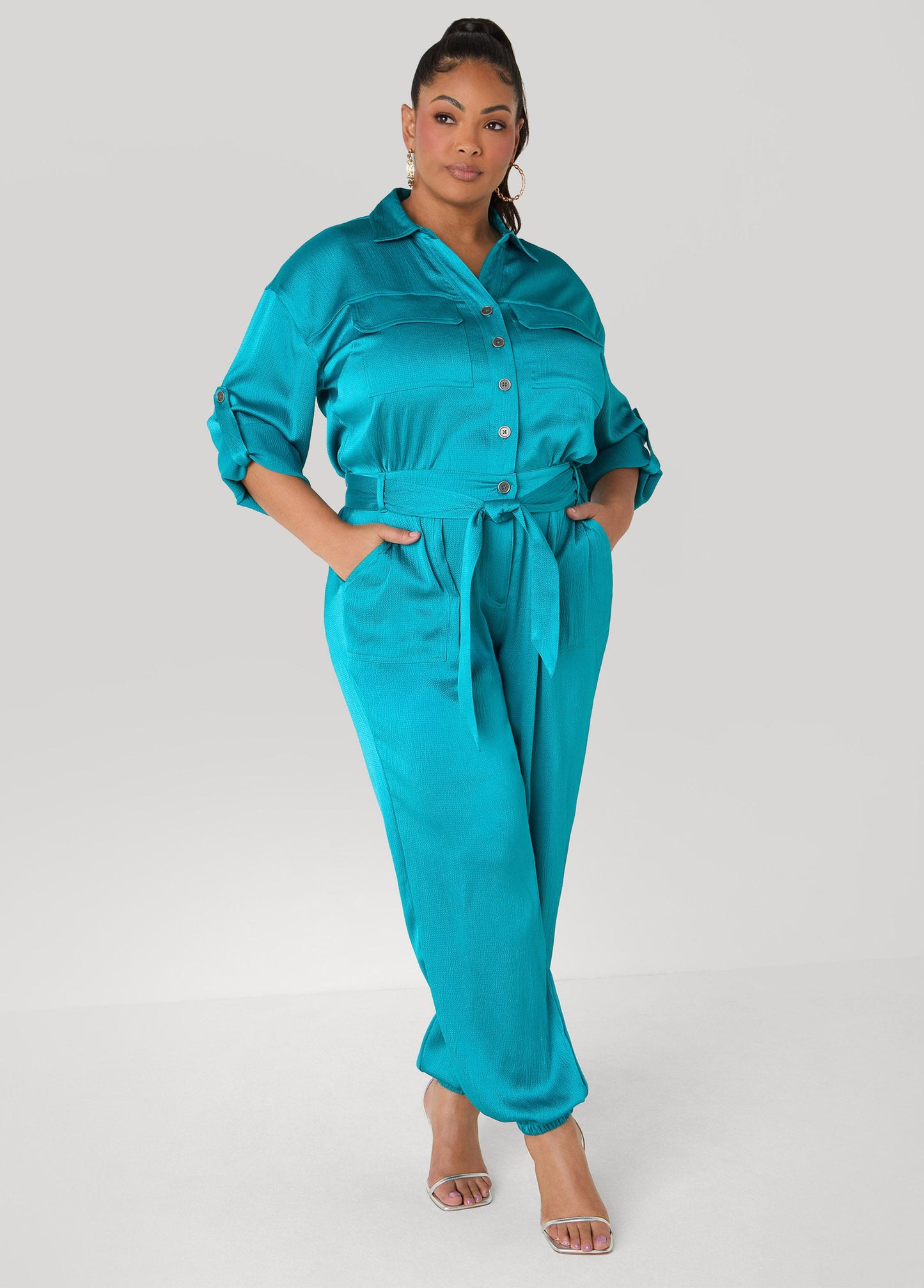 Ashley Stewart Hammered Satin Joggers Jumpsuit Copper