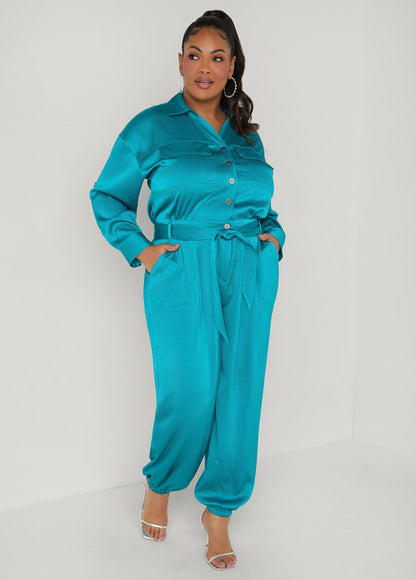 Ashley Stewart Hammered Satin Joggers Jumpsuit Copper