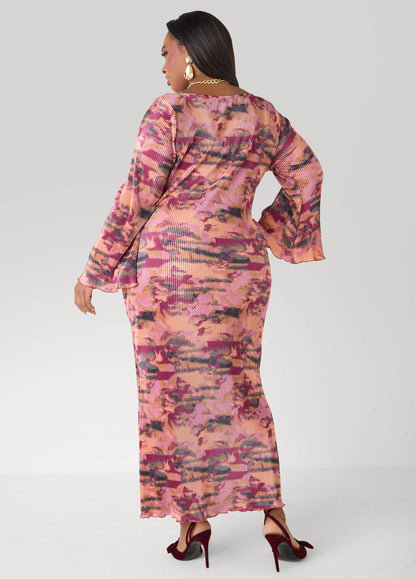 Ashley Stewart Plisse Printed Maxi Dress Foxglove