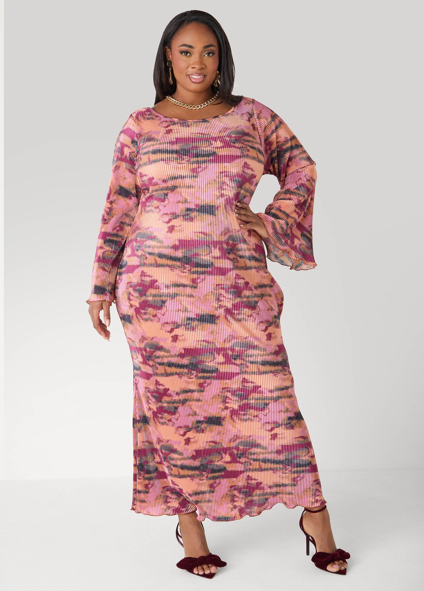 Ashley Stewart Plisse Printed Maxi Dress Foxglove