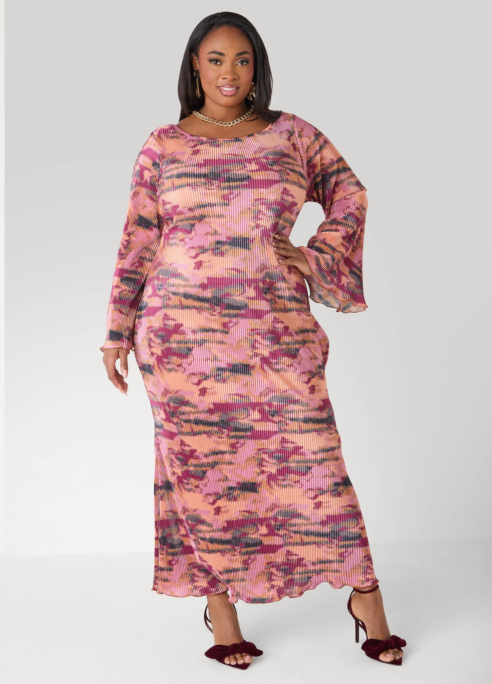 Ashley Stewart Plisse Printed Maxi Dress Foxglove