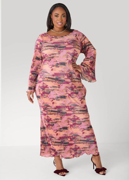 Ashley Stewart Plisse Printed Maxi Dress Foxglove