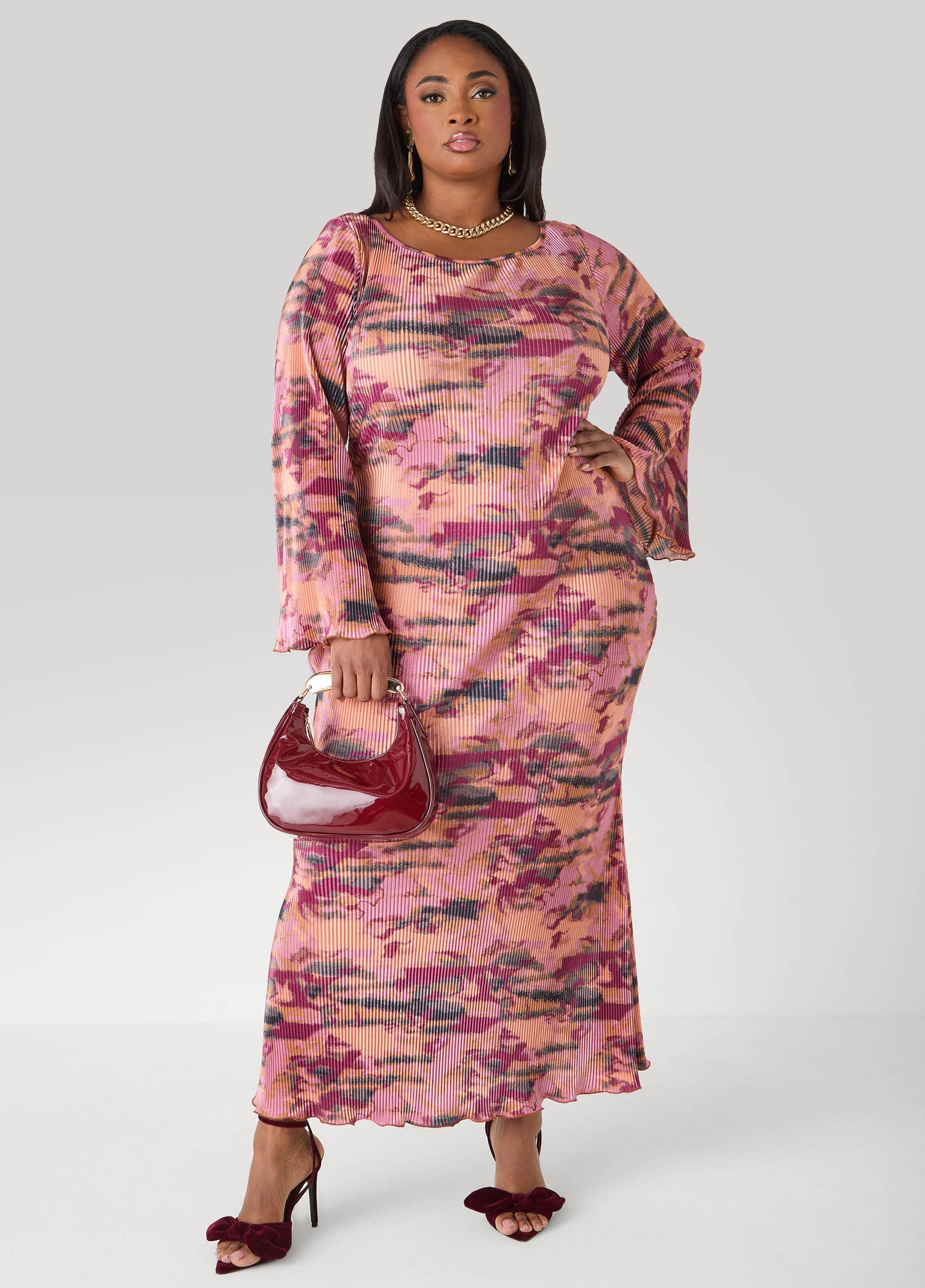 Ashley Stewart Plisse Printed Maxi Dress Foxglove