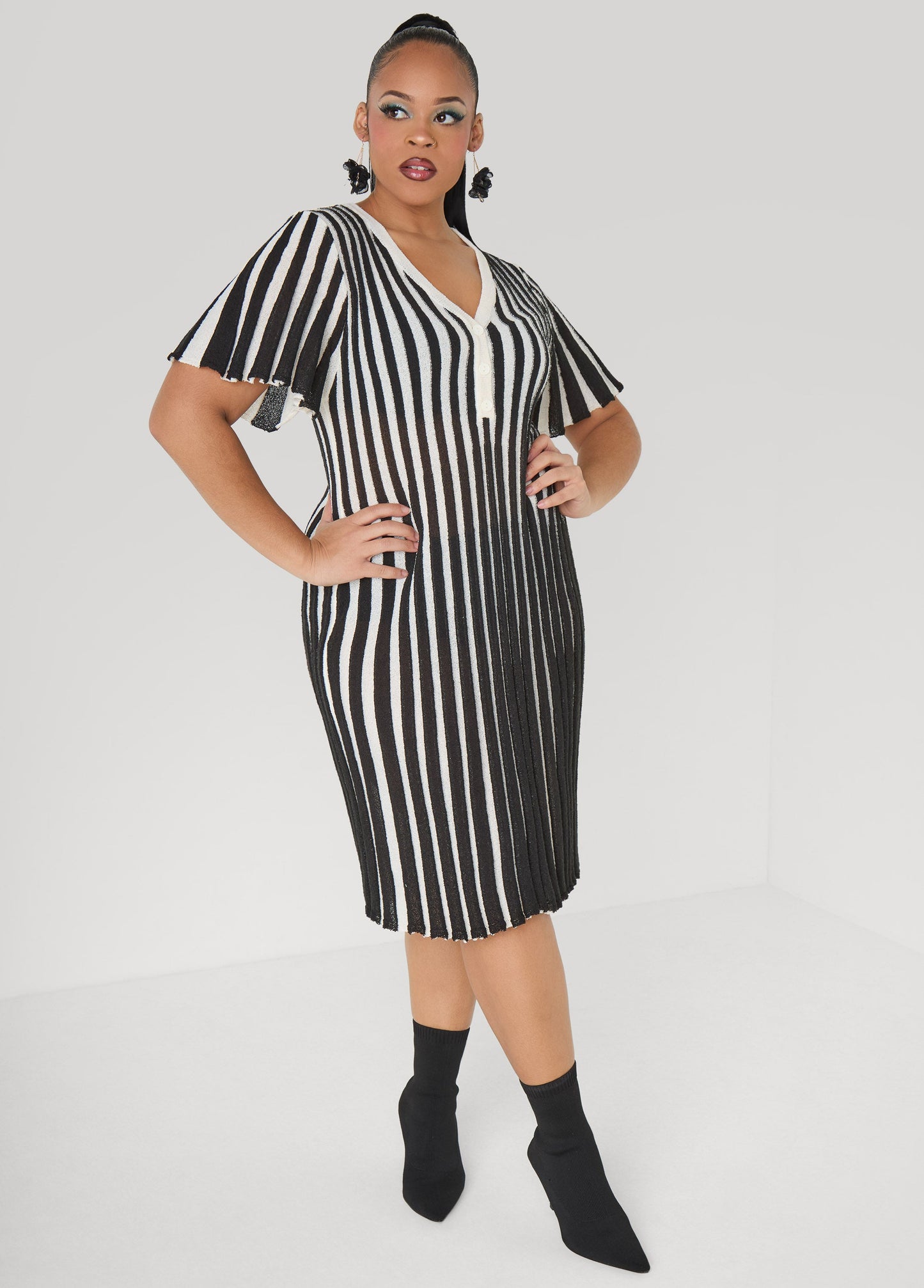 Ashley Stewart Striped A Line Sweater Dress Black Combo