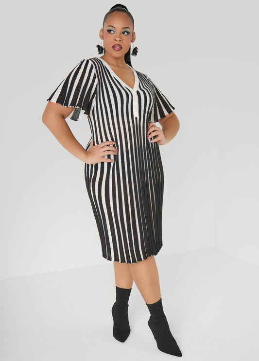 Ashley Stewart Striped A Line Sweater Dress Black Combo