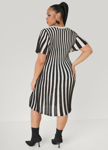 Ashley Stewart Striped A Line Sweater Dress Black Combo