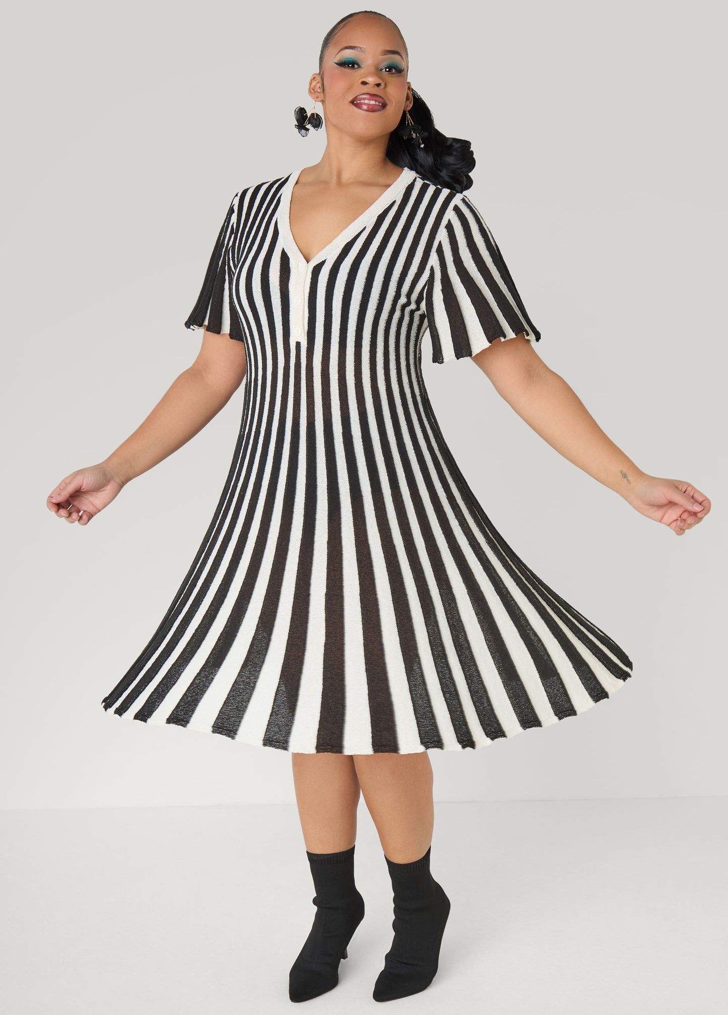 Ashley Stewart Striped A Line Sweater Dress Black Combo