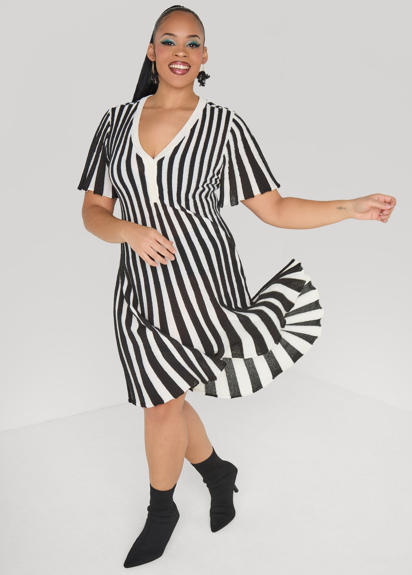 Ashley Stewart Striped A Line Sweater Dress Black Combo
