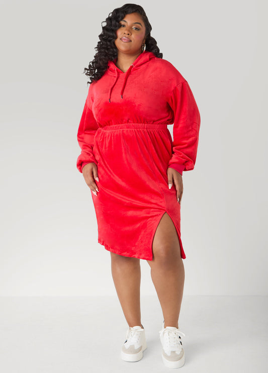Ashley Stewart Hooded Velour Dress Barbados Cherry