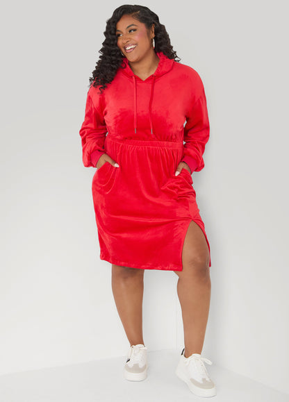 Ashley Stewart Hooded Velour Dress Barbados Cherry