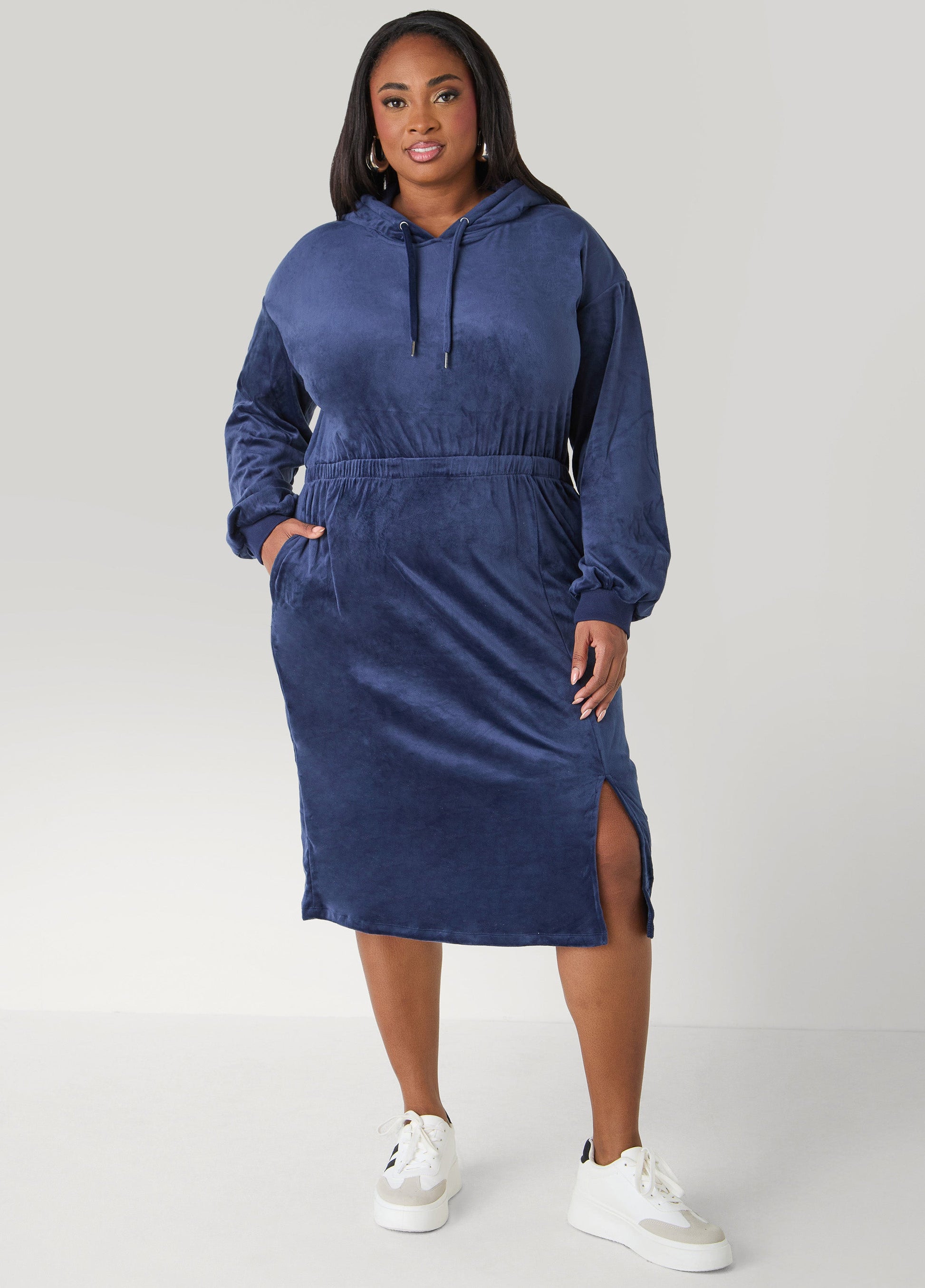Ashley Stewart Hooded Velour Dress Barbados Cherry