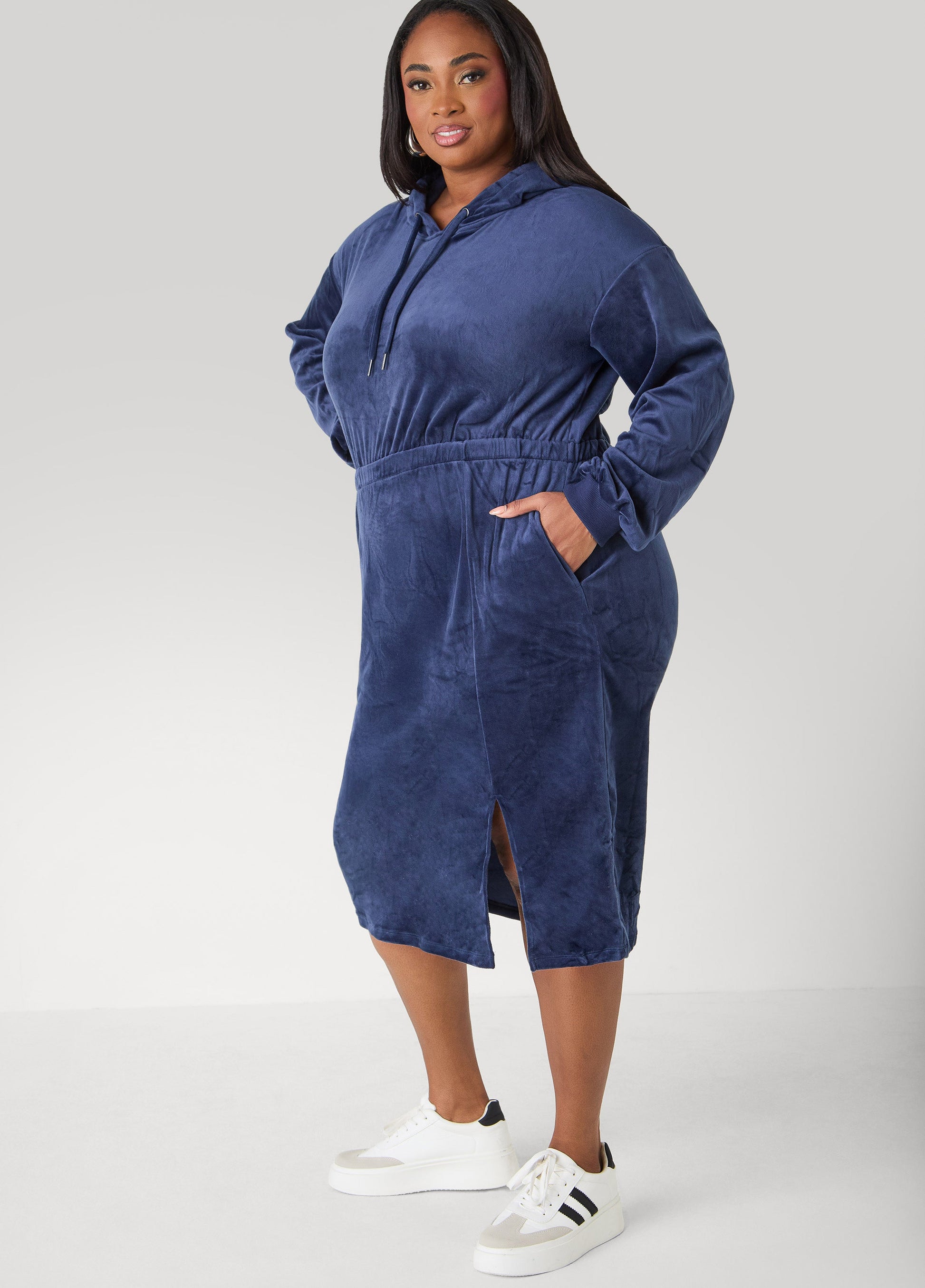 Ashley Stewart Hooded Velour Dress Barbados Cherry