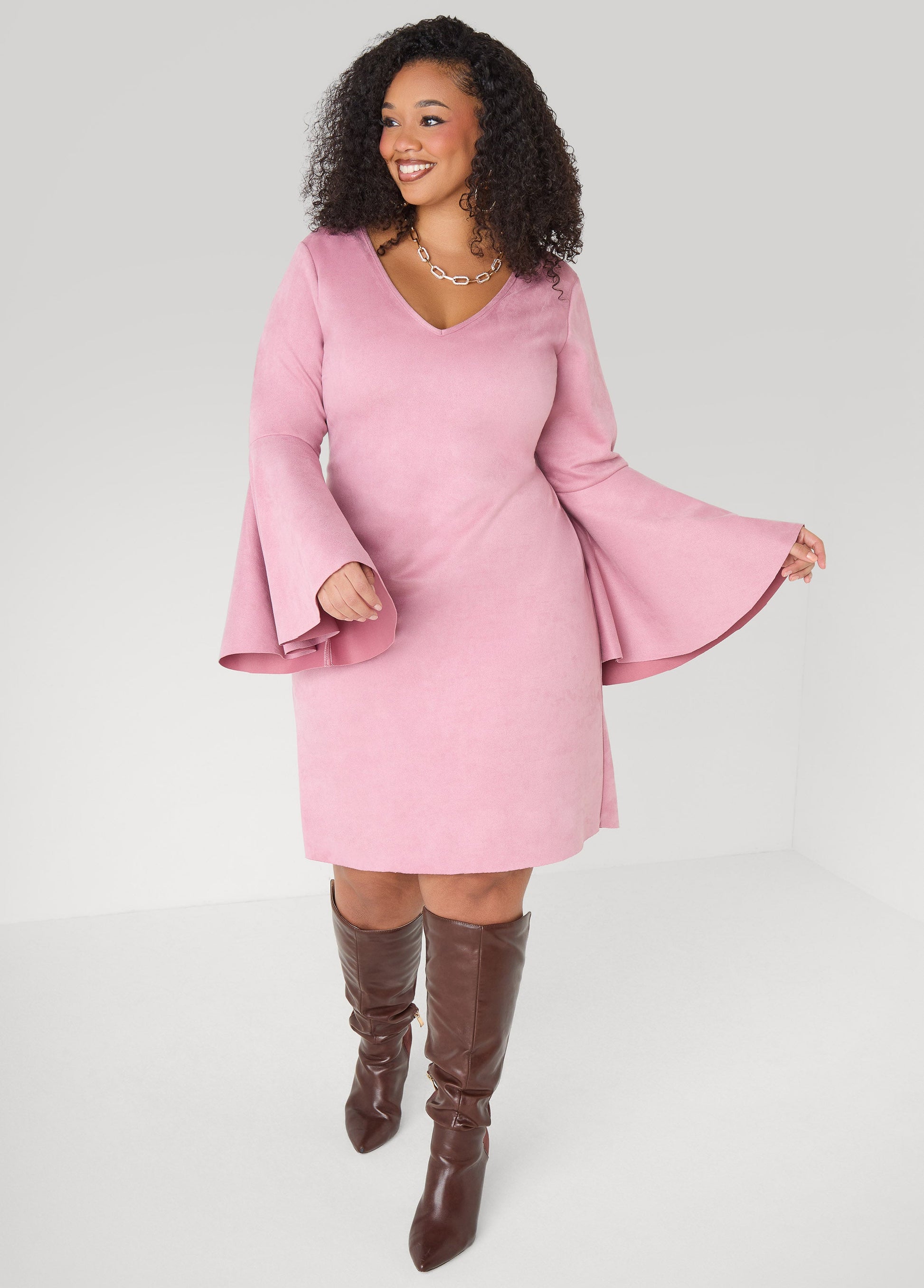 Ashley Stewart Bell Sleeved Faux Suede Dress Camel Taupe