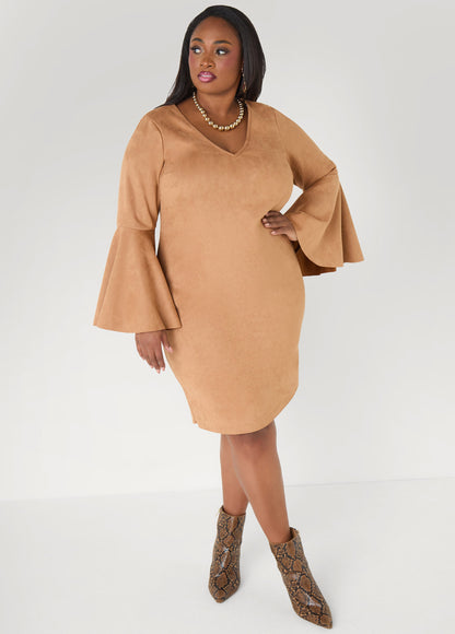 Ashley Stewart Bell Sleeved Faux Suede Dress Camel Taupe