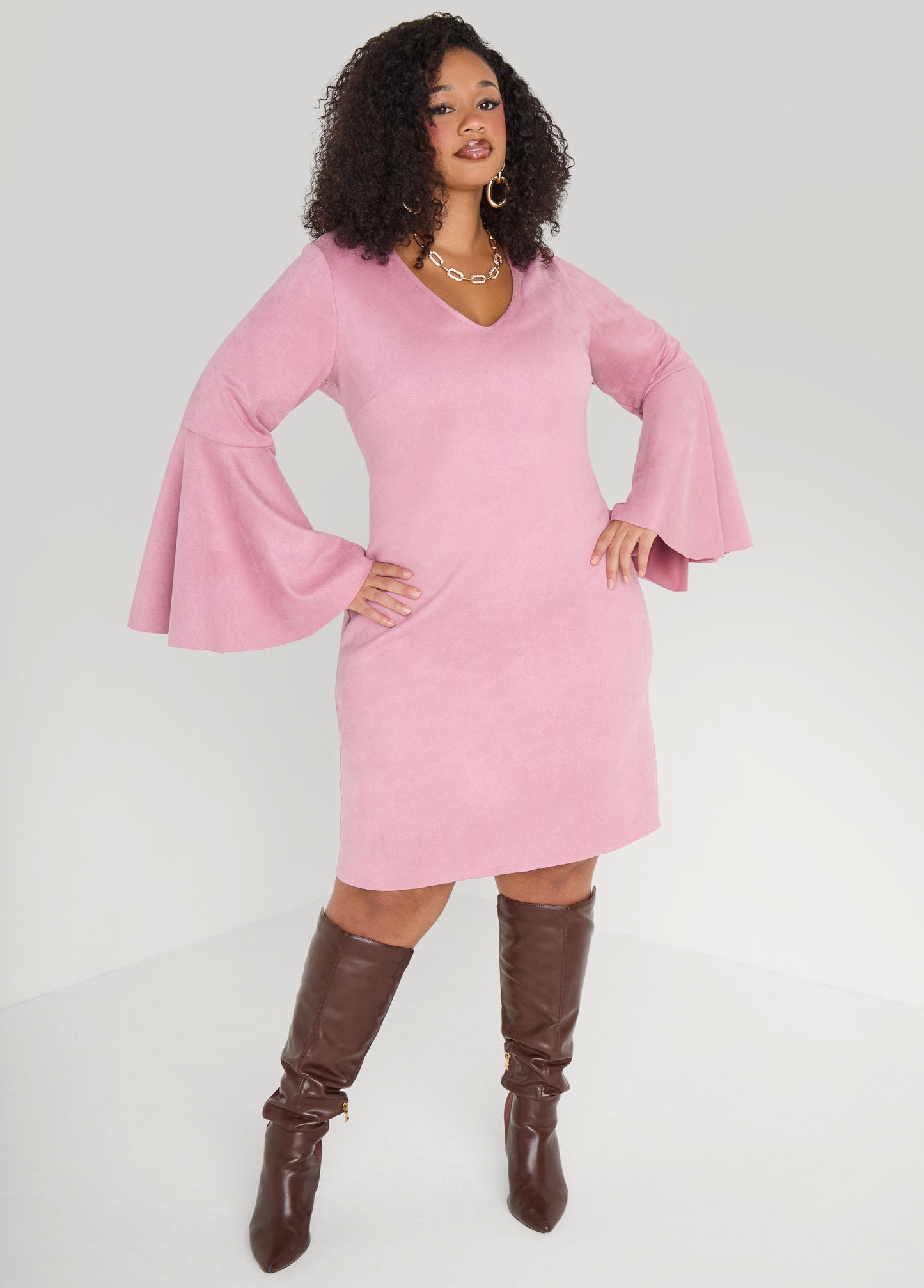 Ashley Stewart Bell Sleeved Faux Suede Dress Camel Taupe