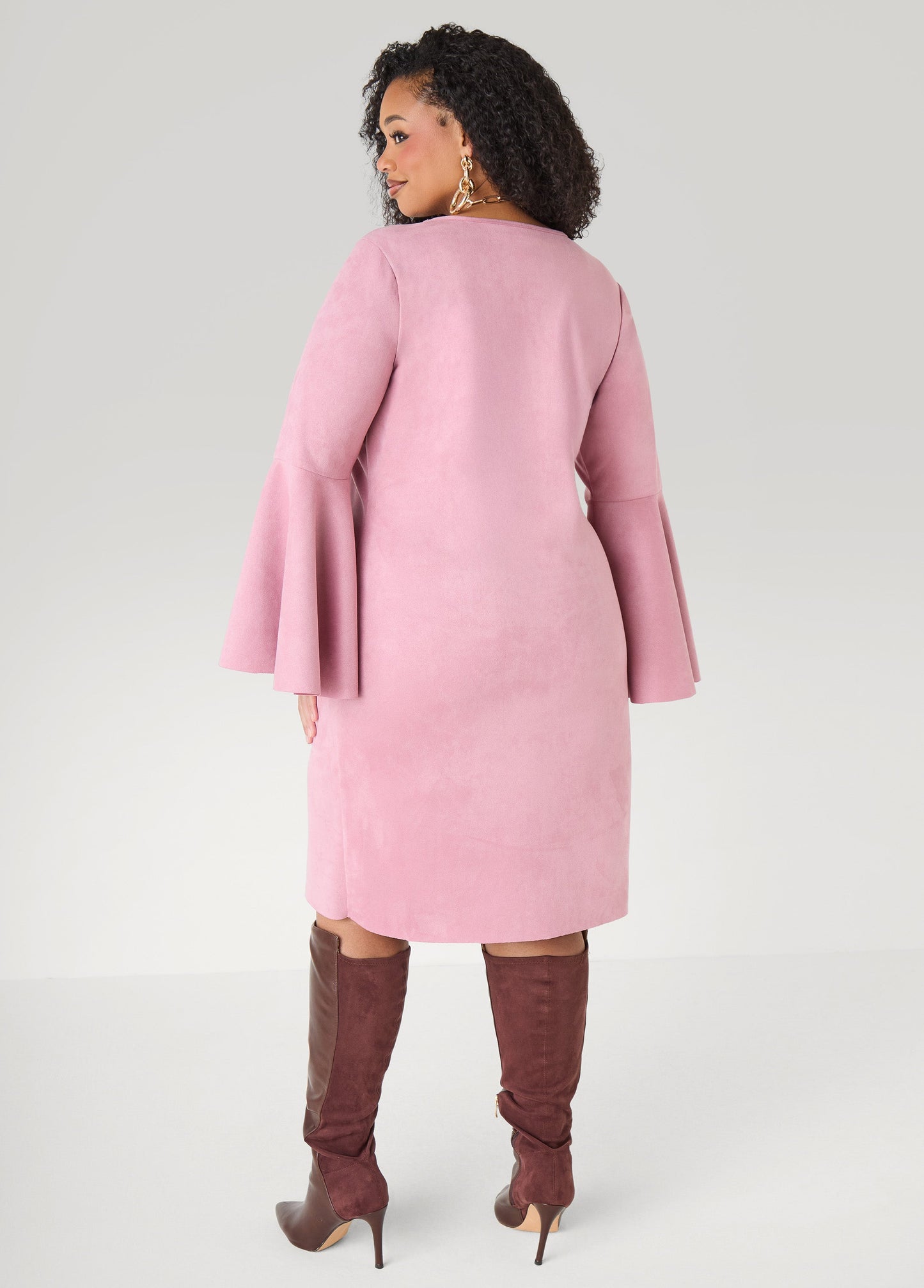 Ashley Stewart Bell Sleeved Faux Suede Dress Camel Taupe