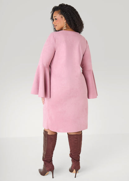 Ashley Stewart Bell Sleeved Faux Suede Dress Camel Taupe