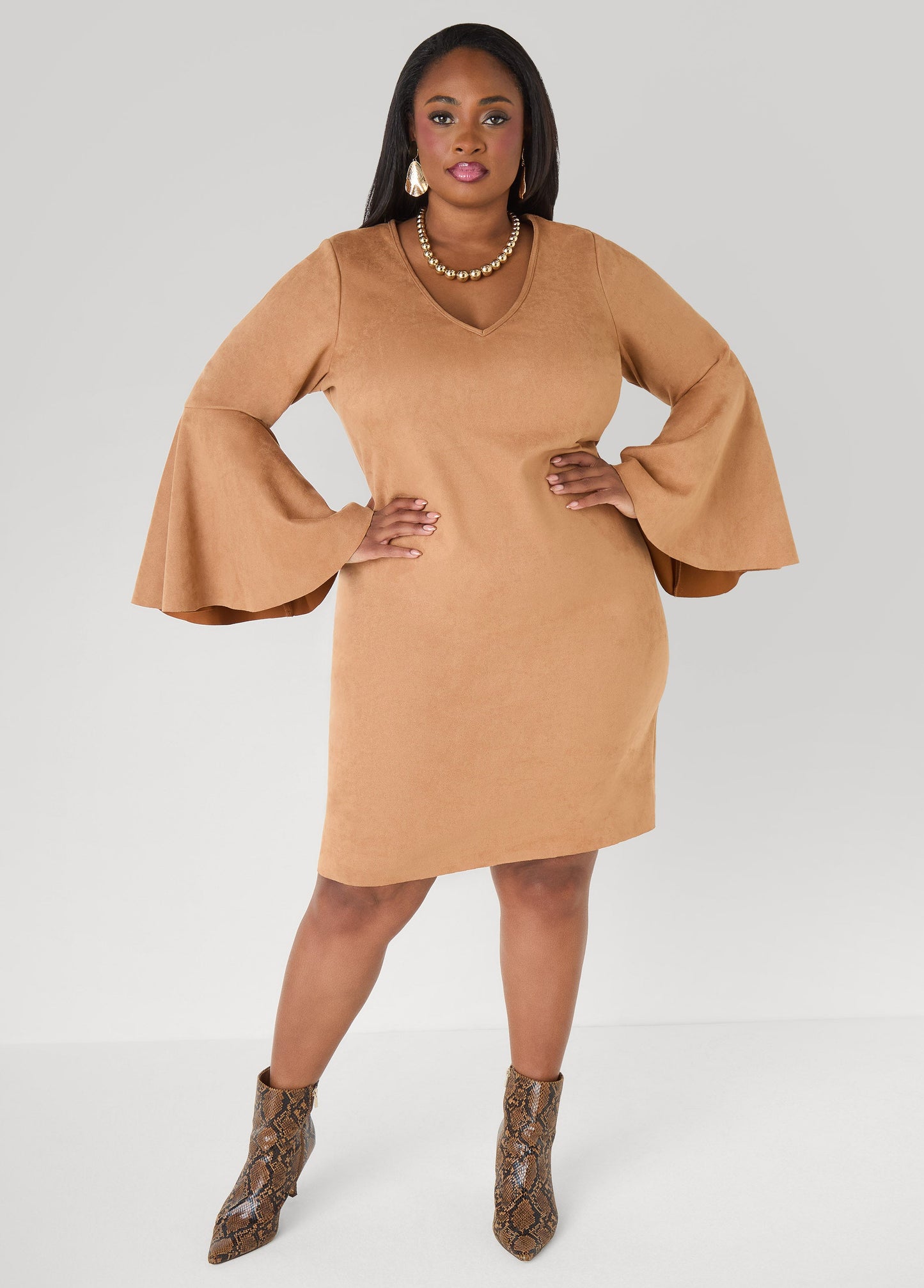 Ashley Stewart Bell Sleeved Faux Suede Dress Camel Taupe