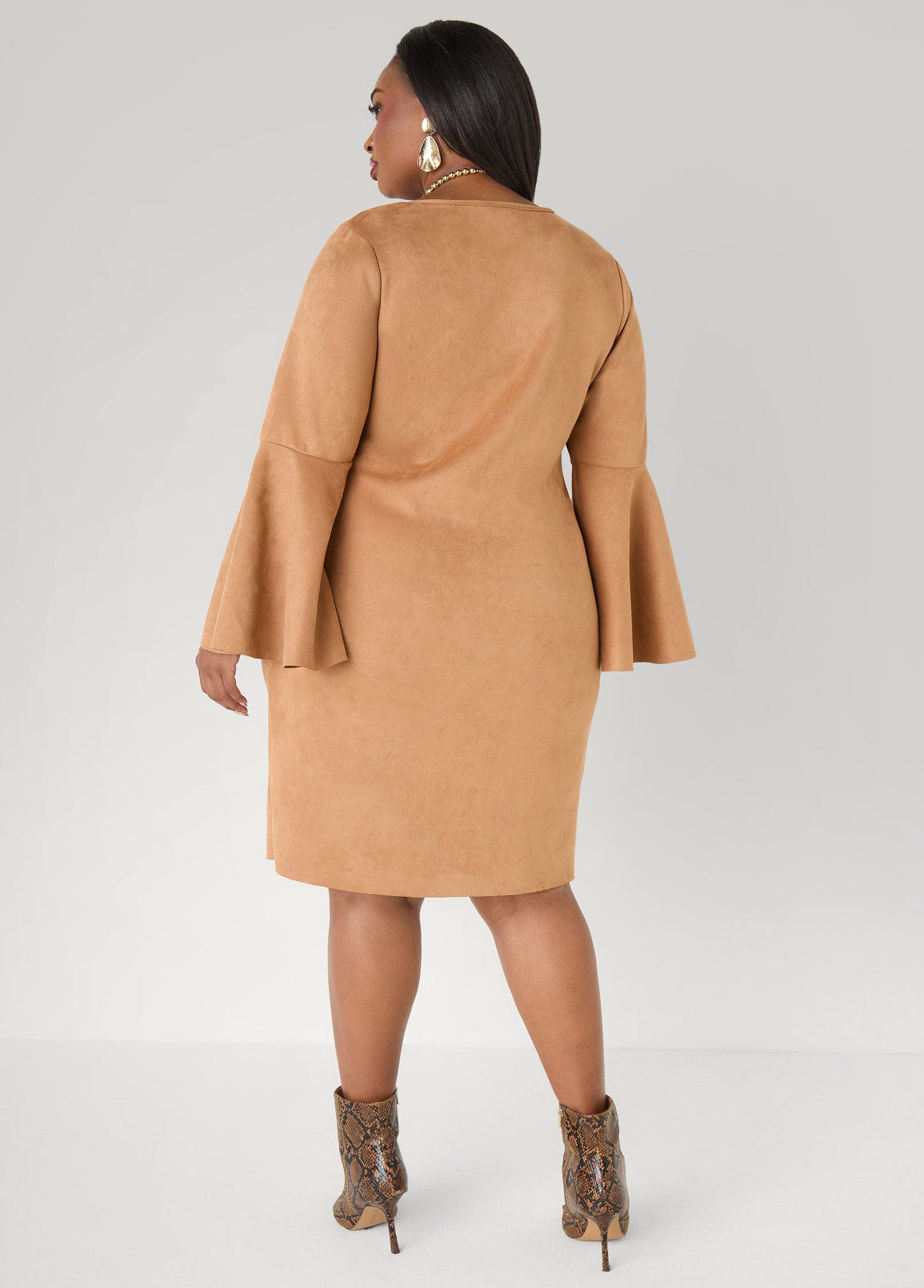Ashley Stewart Bell Sleeved Faux Suede Dress Camel Taupe