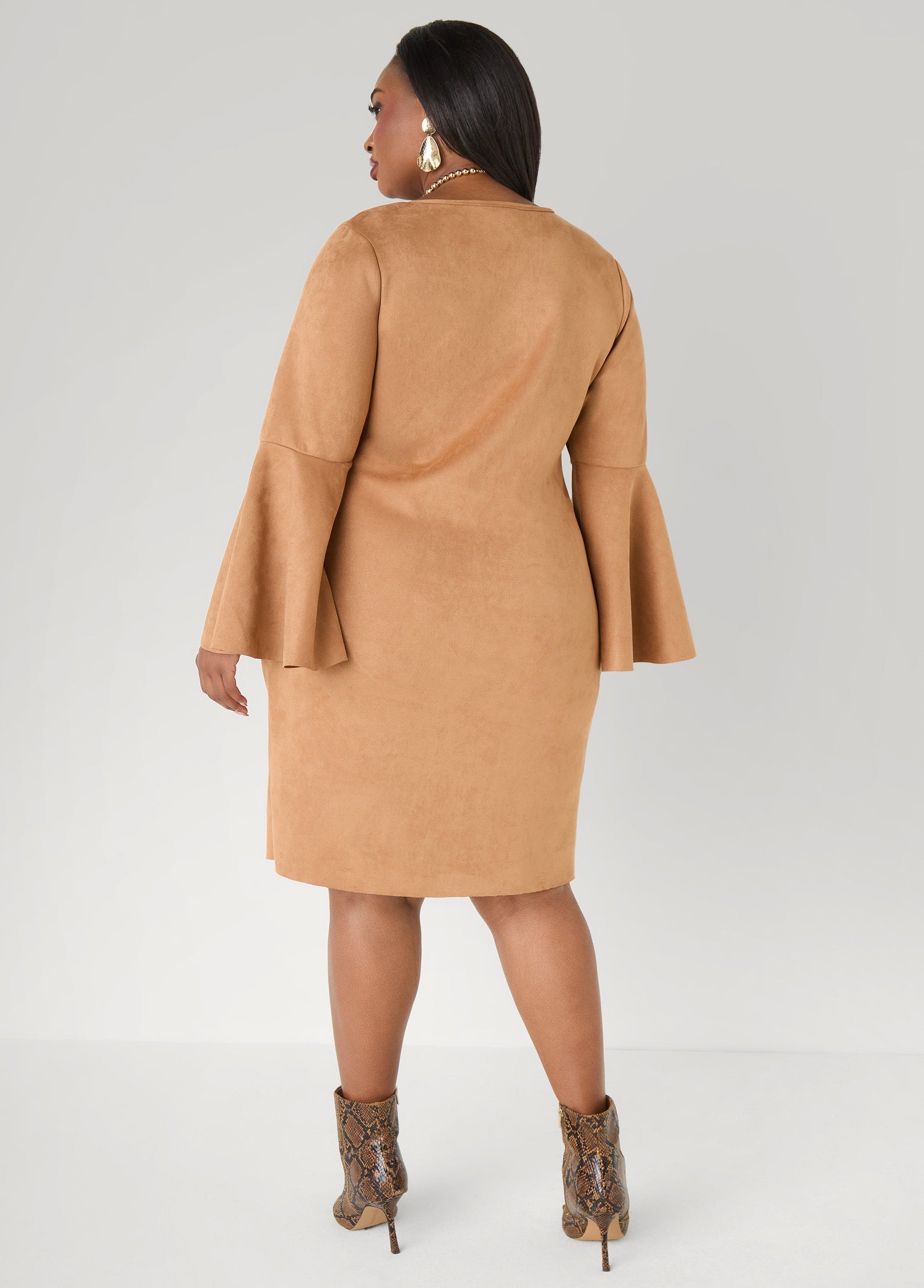 Ashley Stewart Bell Sleeved Faux Suede Dress Camel Taupe