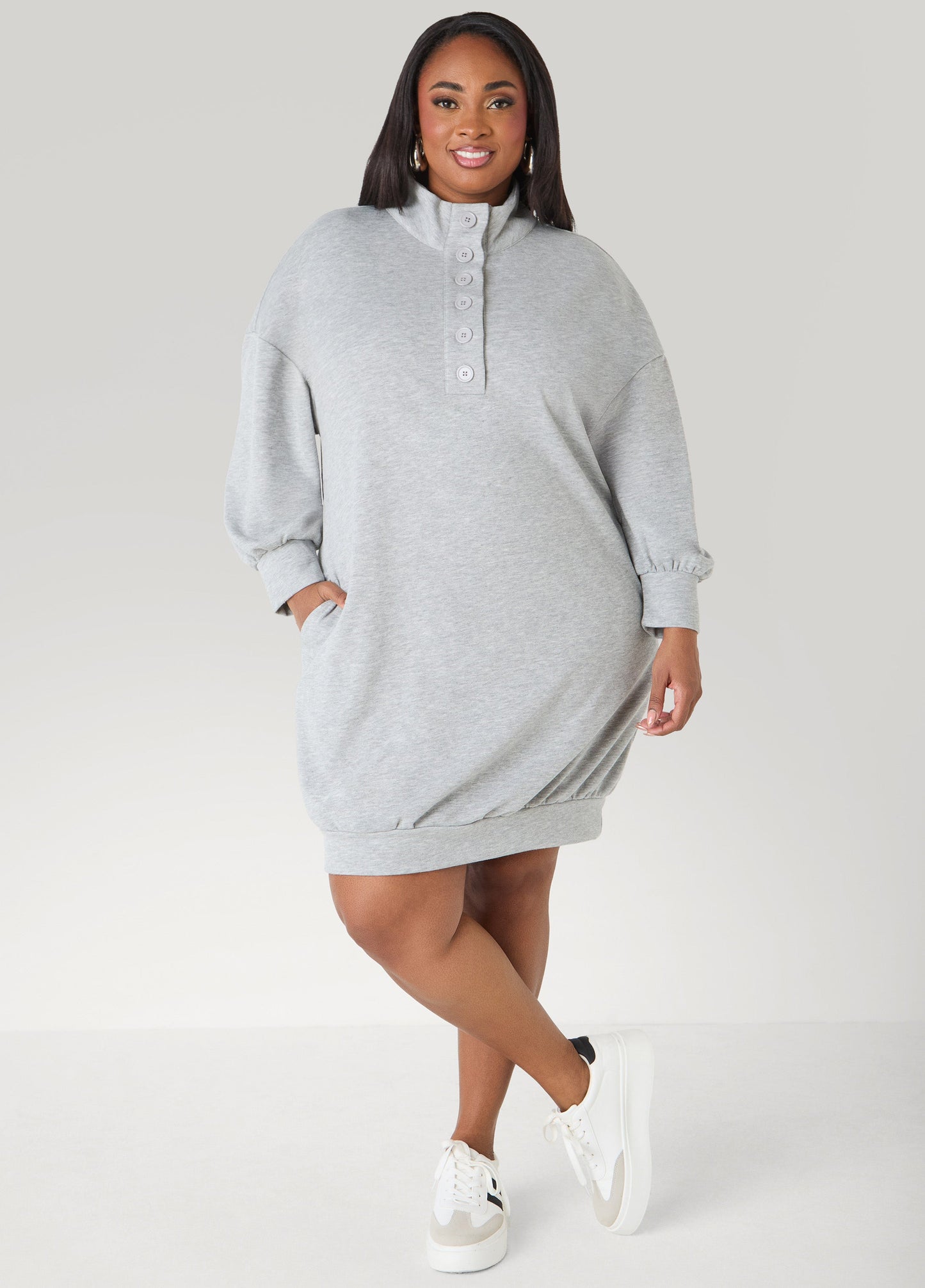 Ashley Stewart Button Front Sweatshirt Dress Heather Grey