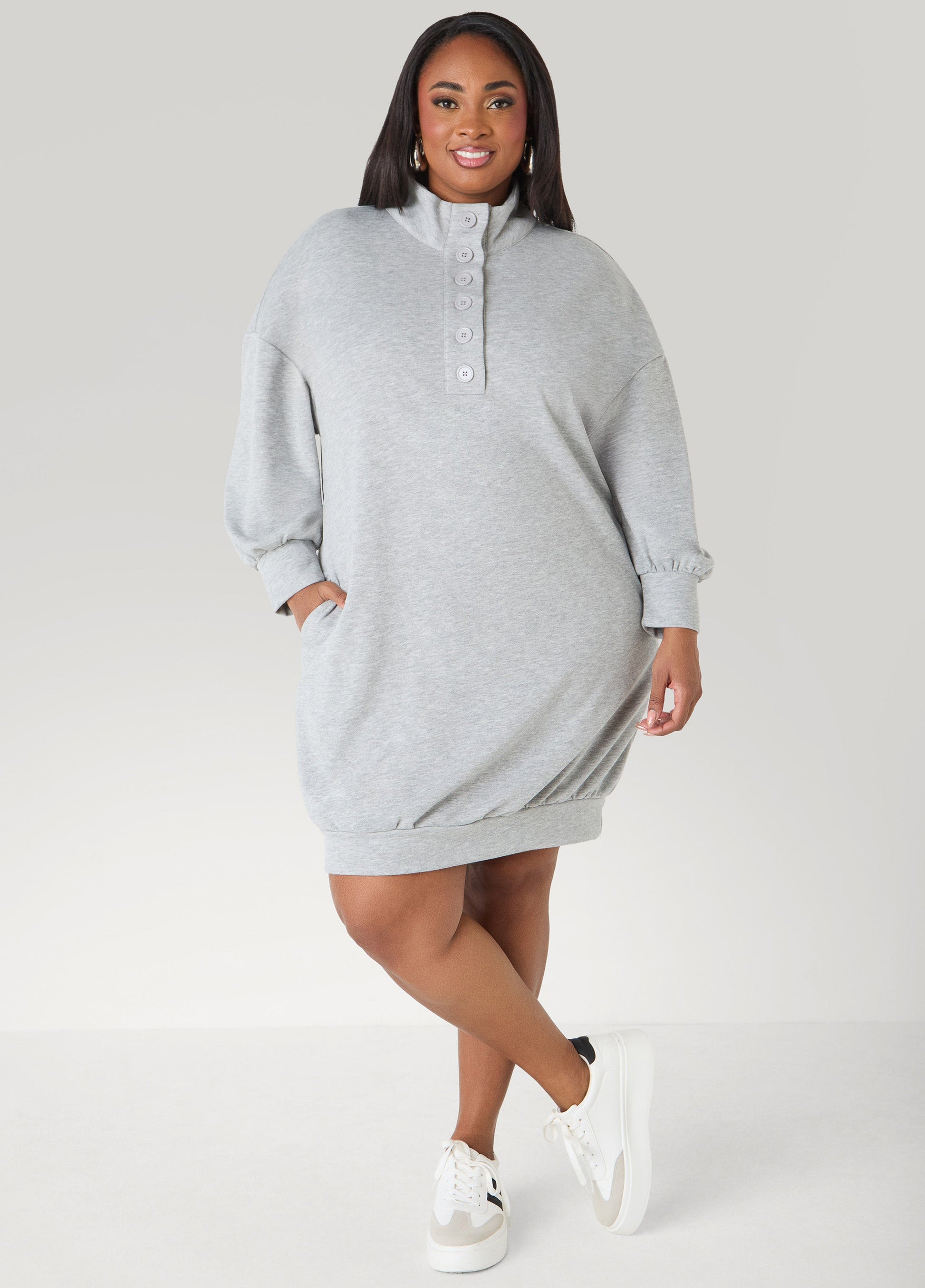 Ashley Stewart Button Front Sweatshirt Dress Heather Grey