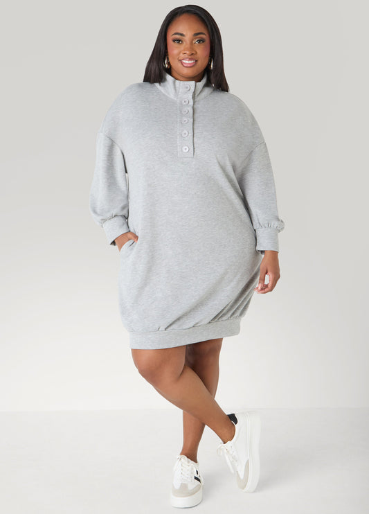Ashley Stewart Button Front Sweatshirt Dress Heather Grey