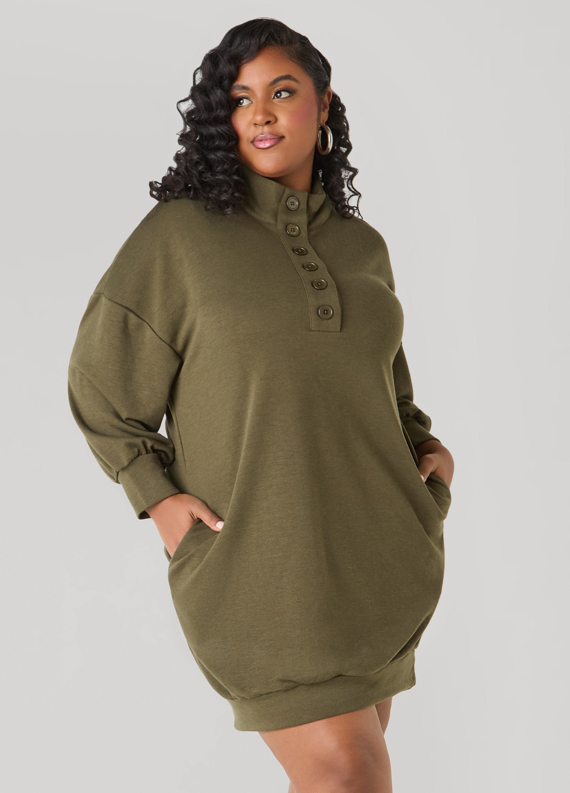 Ashley Stewart Button Front Sweatshirt Dress Heather Grey