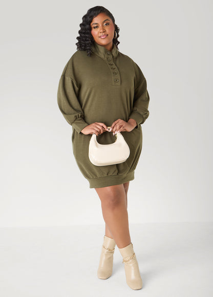 Ashley Stewart Button Front Sweatshirt Dress Heather Grey