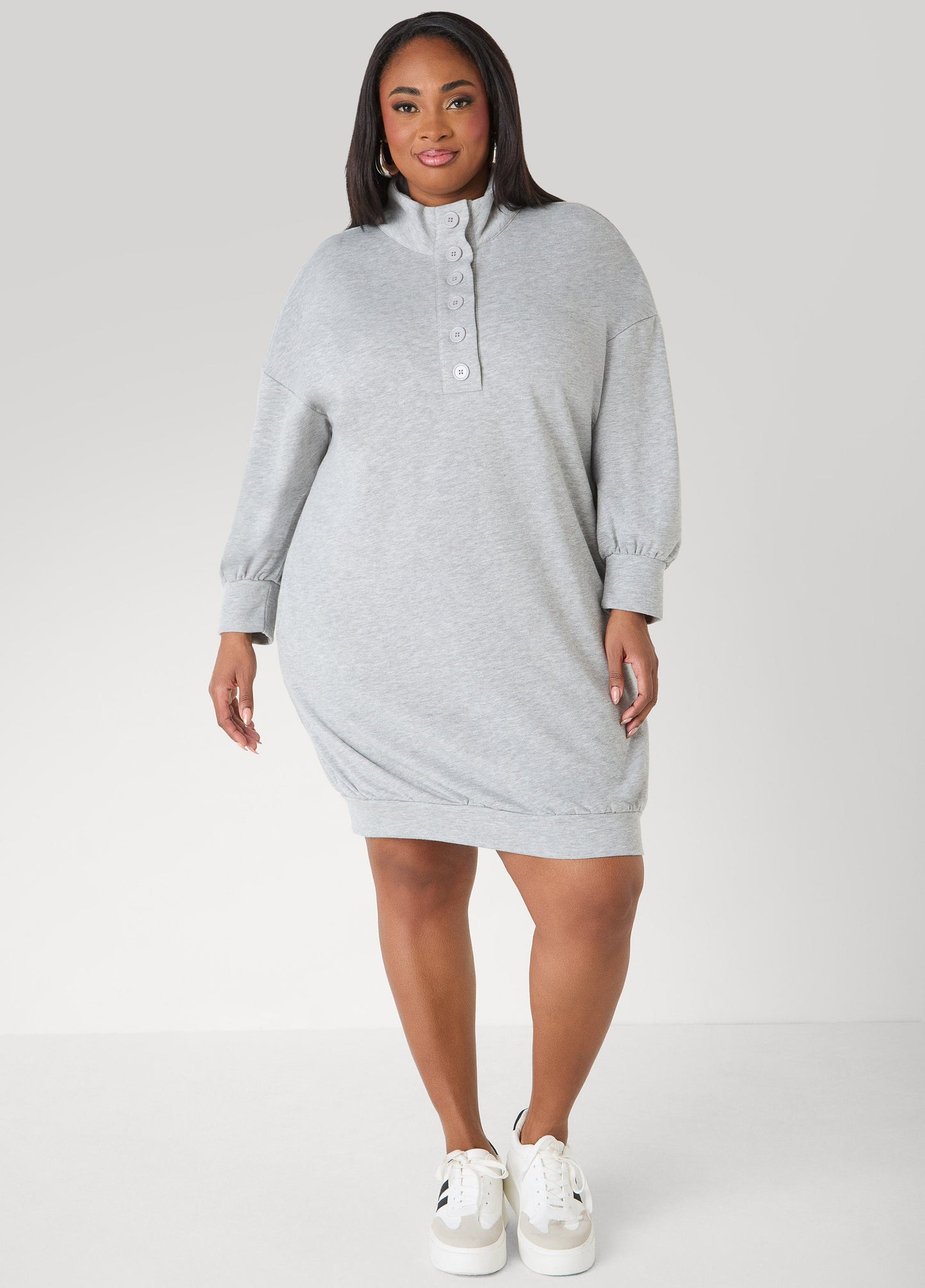 Ashley Stewart Button Front Sweatshirt Dress Heather Grey