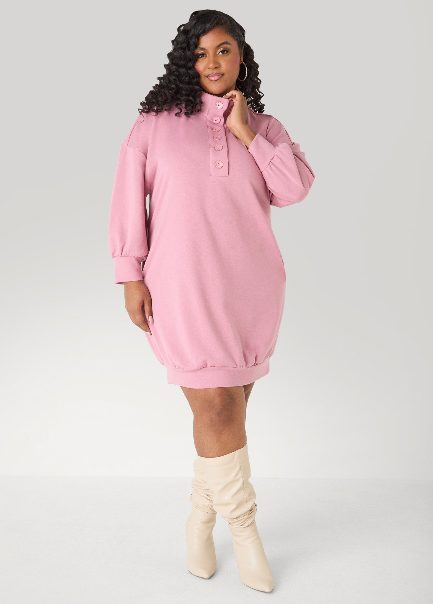 Ashley Stewart Button Front Sweatshirt Dress Heather Grey