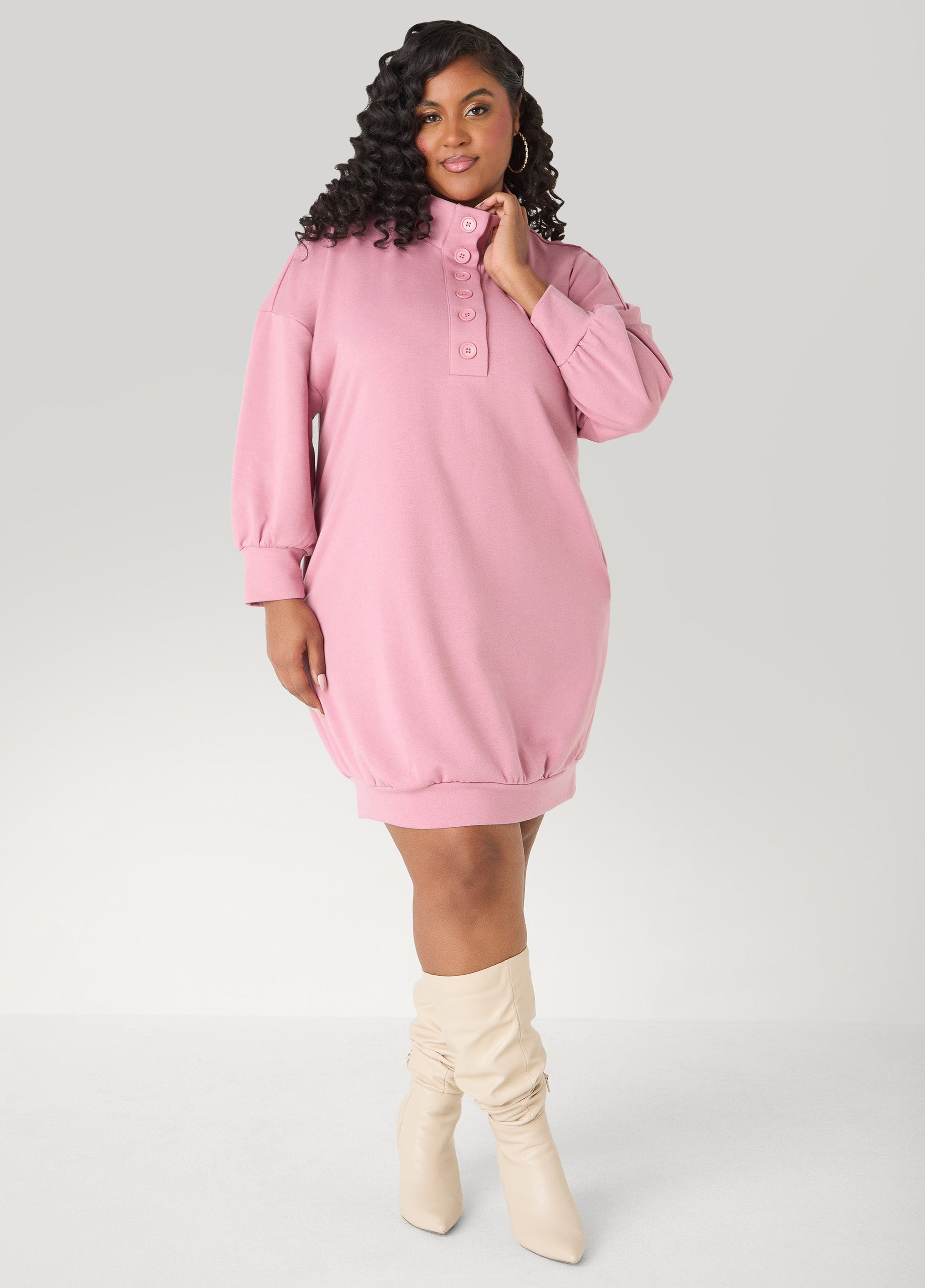 Ashley Stewart Button Front Sweatshirt Dress Heather Grey