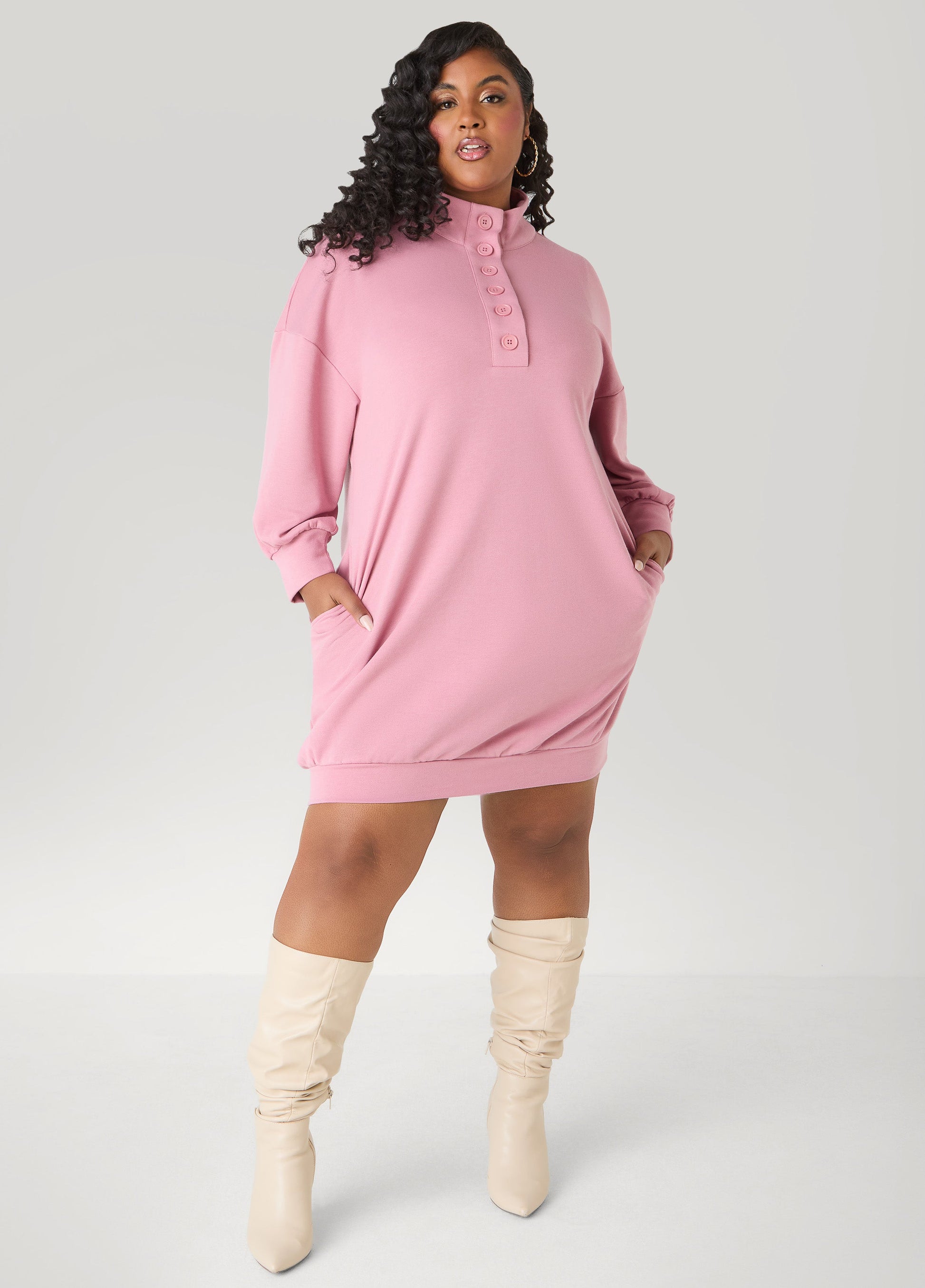 Ashley Stewart Button Front Sweatshirt Dress Heather Grey