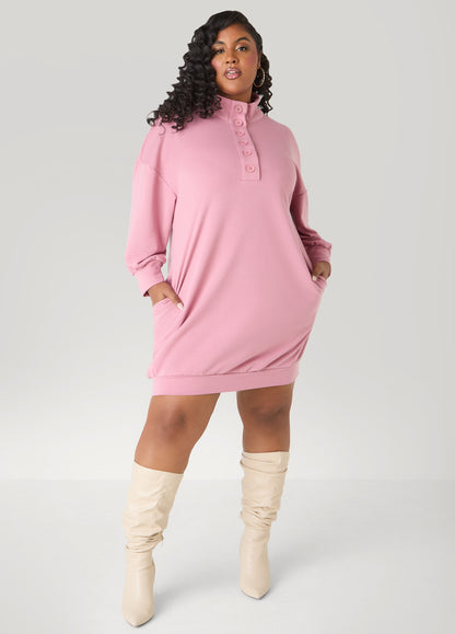 Ashley Stewart Button Front Sweatshirt Dress Heather Grey