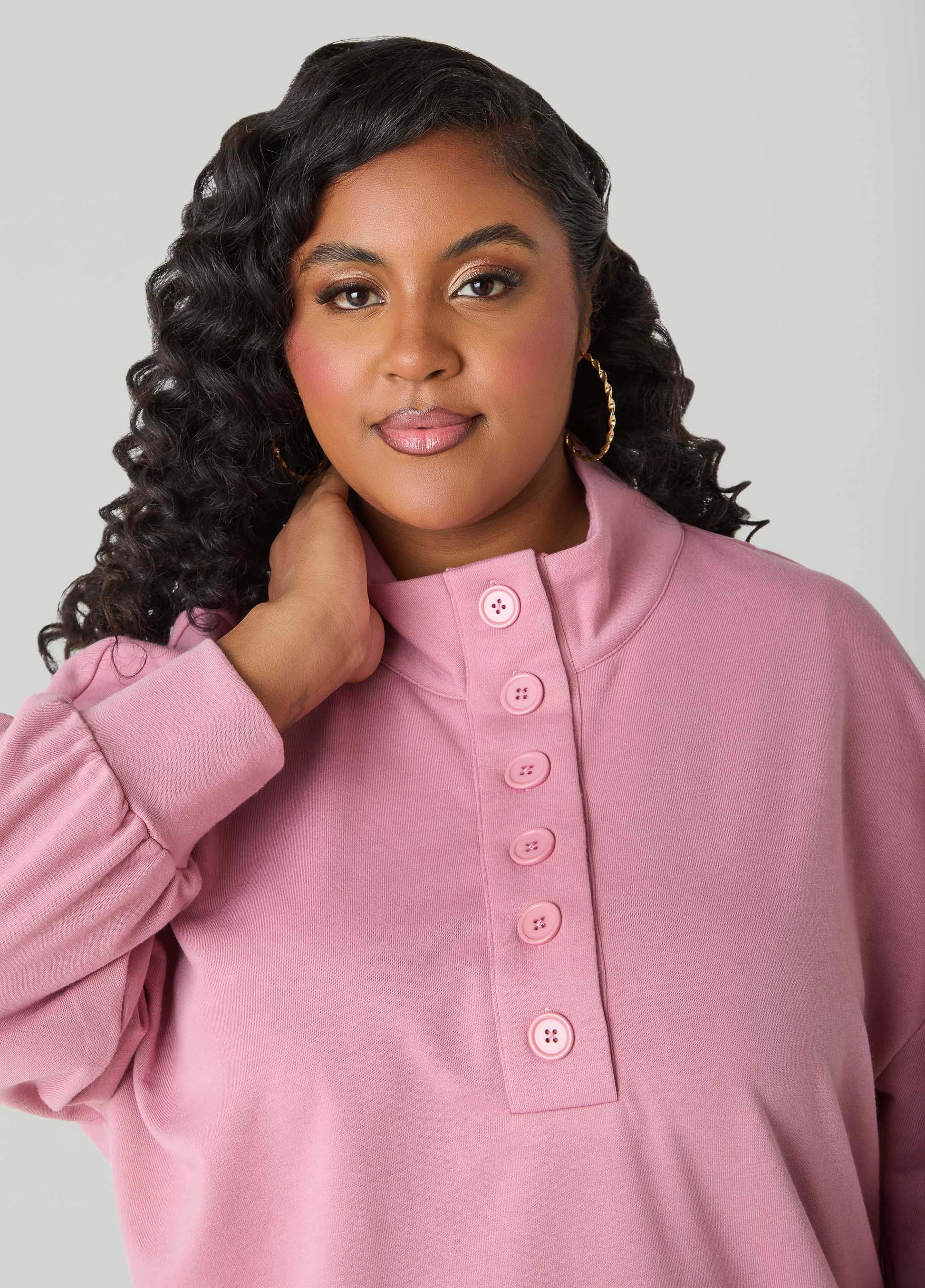 Ashley Stewart Button Front Sweatshirt Dress Heather Grey