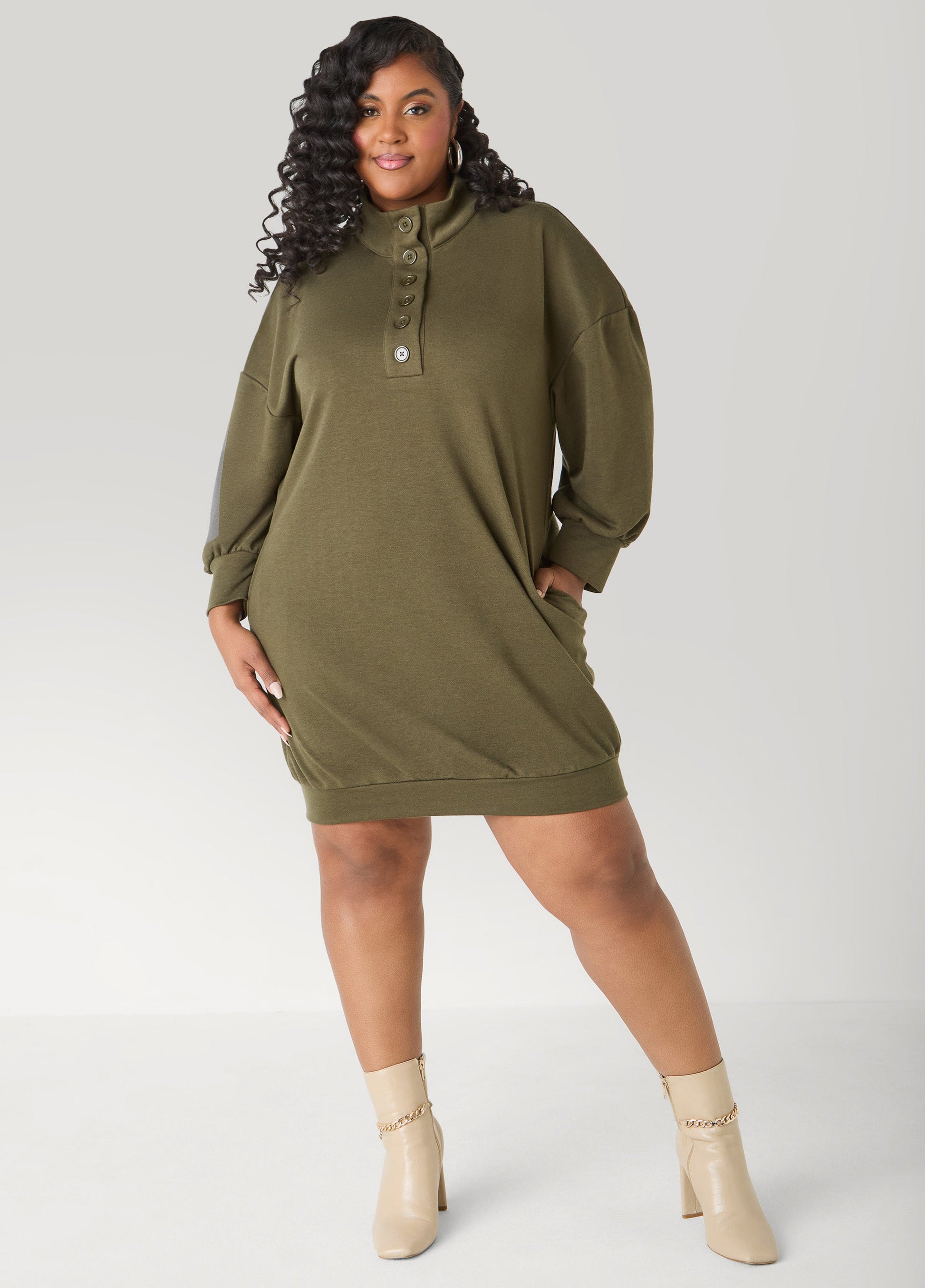 Ashley Stewart Button Front Sweatshirt Dress Heather Grey