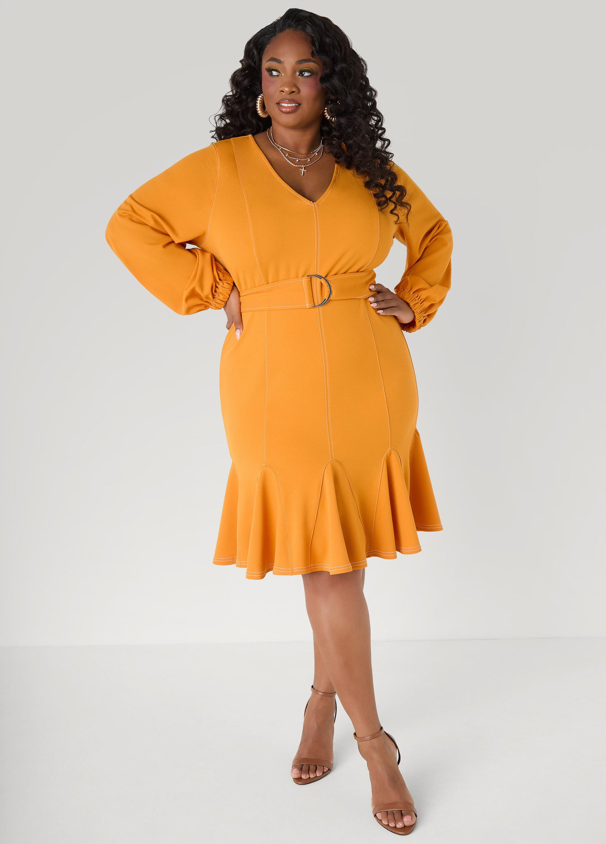 Ashley Stewart Flounced Seam Detailed Dress Desert Sun