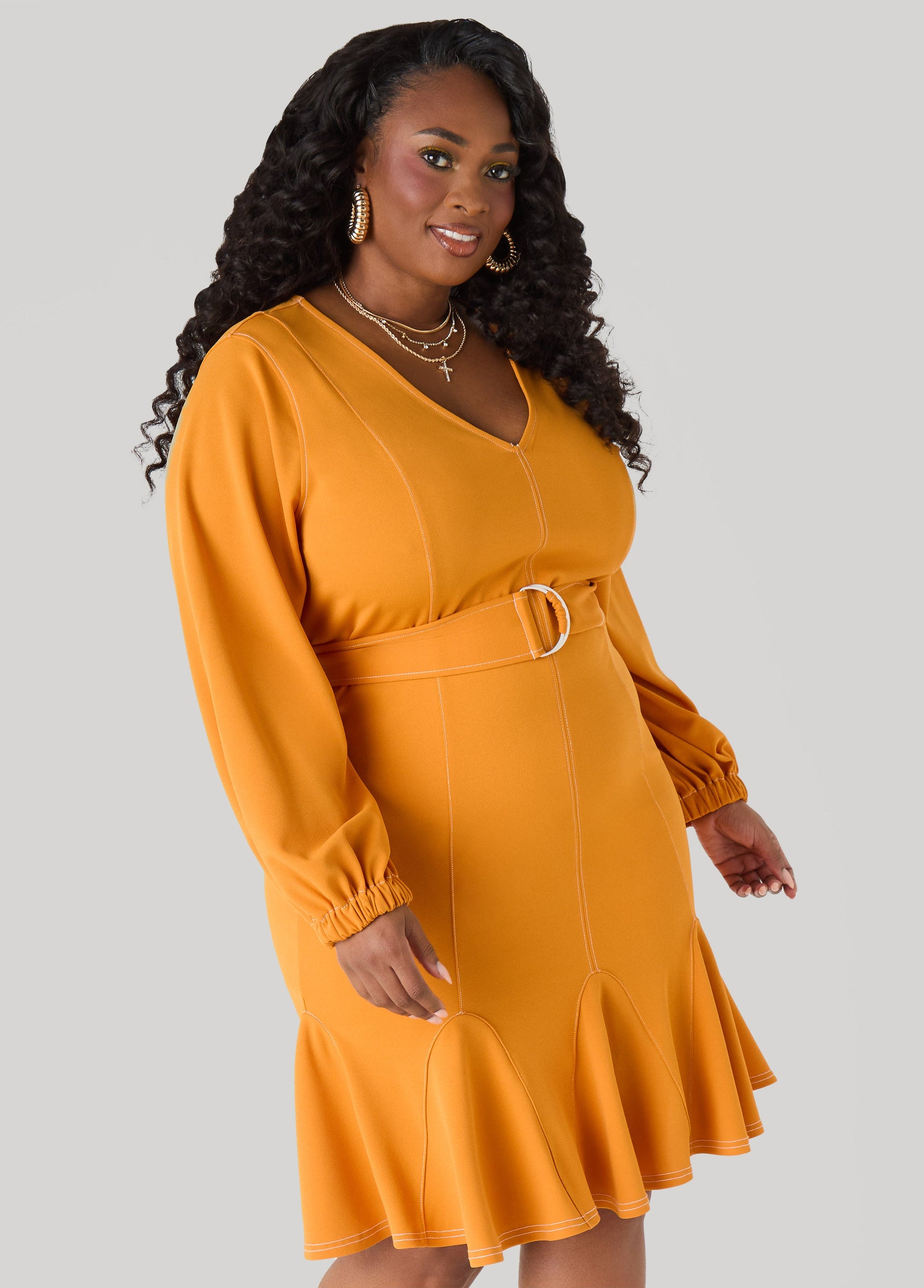 Ashley Stewart Flounced Seam Detailed Dress Desert Sun