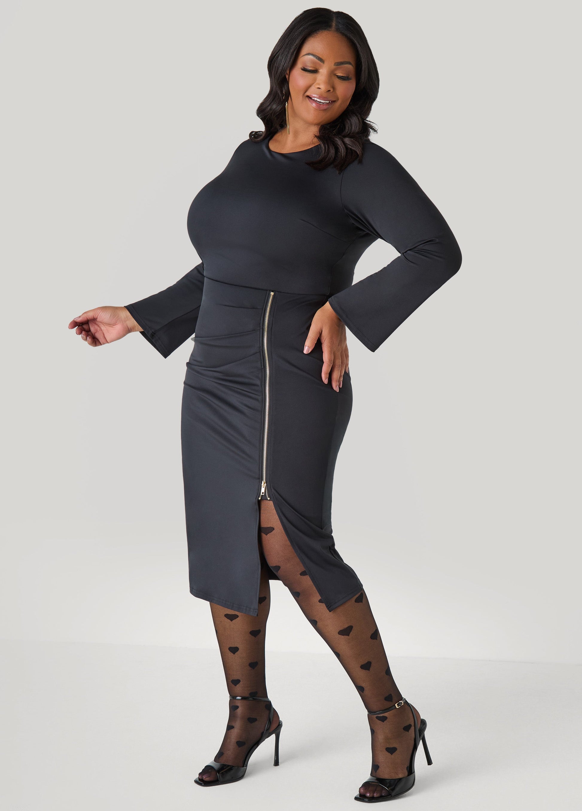 Ashley Stewart Zip Detailed Bodycon Midi Dress Black