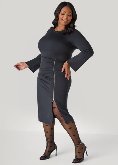 Ashley Stewart Zip Detailed Bodycon Midi Dress Black