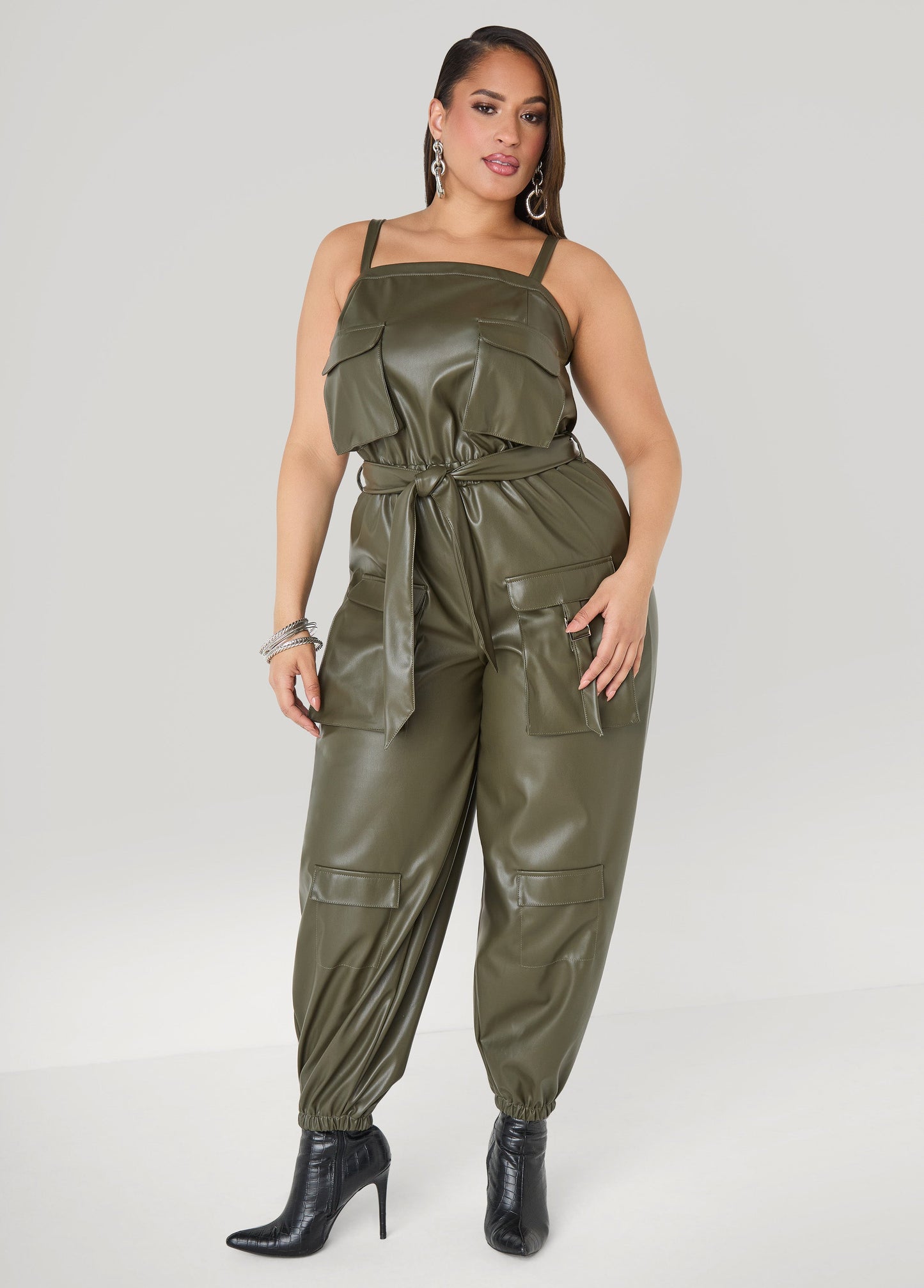 Ashley Stewart Faux Leather Joggers Jumpsuit Olive Night