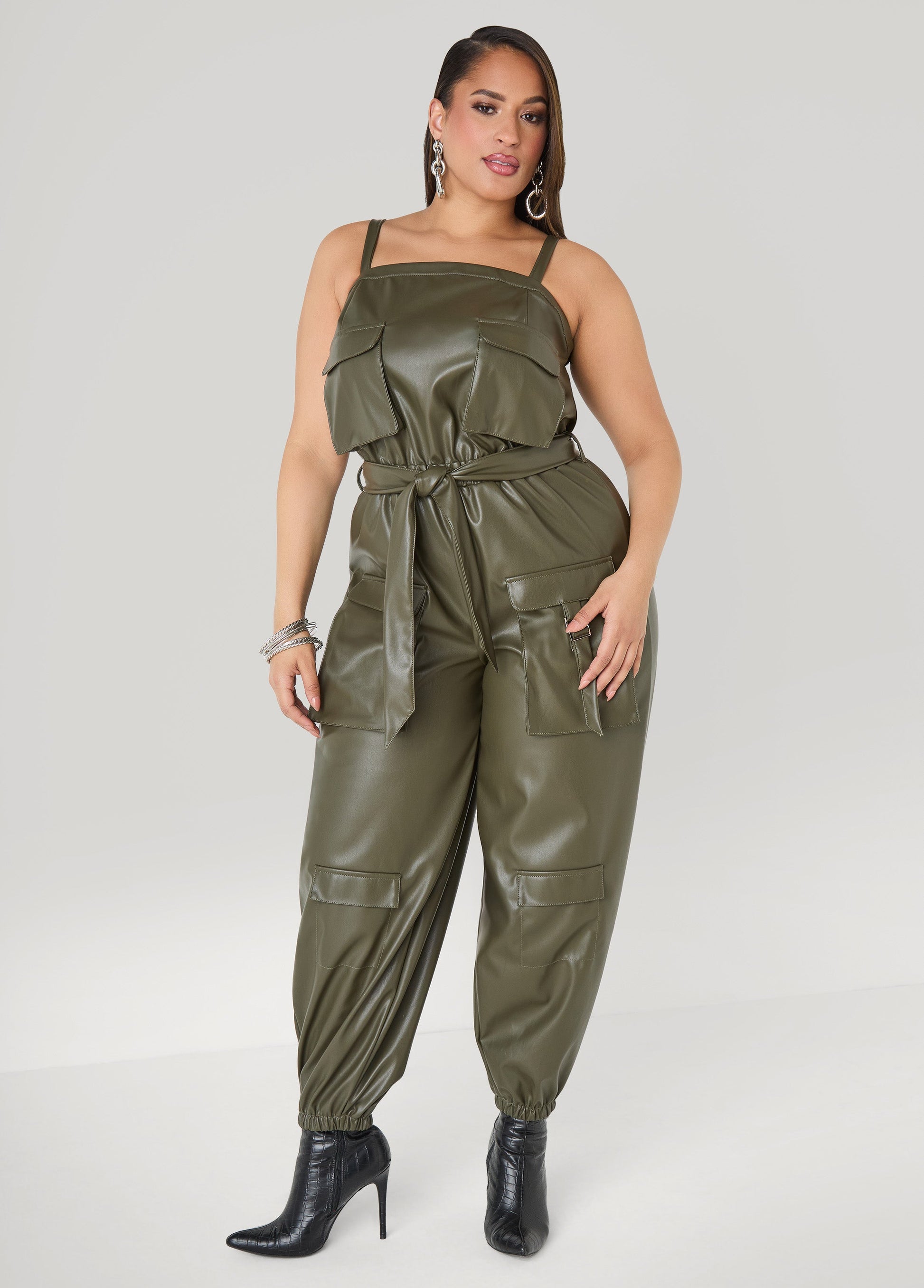 Ashley Stewart Faux Leather Joggers Jumpsuit Olive Night